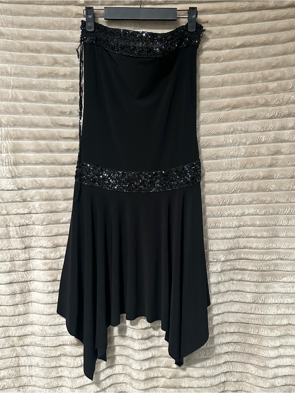 Vintage black sequin Asymmetrical strapless flapper dress
